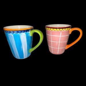 2 Blond Amsterdam Ceramic Mugs Hand Painted Whimsical